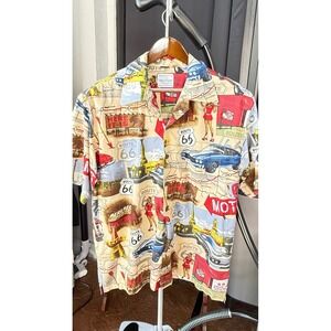 David Carey Originals Route 66 Camp Shirt Mens M Retro Cars Pinup Map Button Up